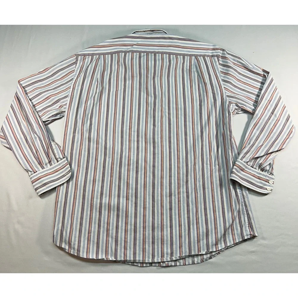 Faconnable Mens Large Striped Button Down Shirt‎ Blue Orange White Cotton L/S